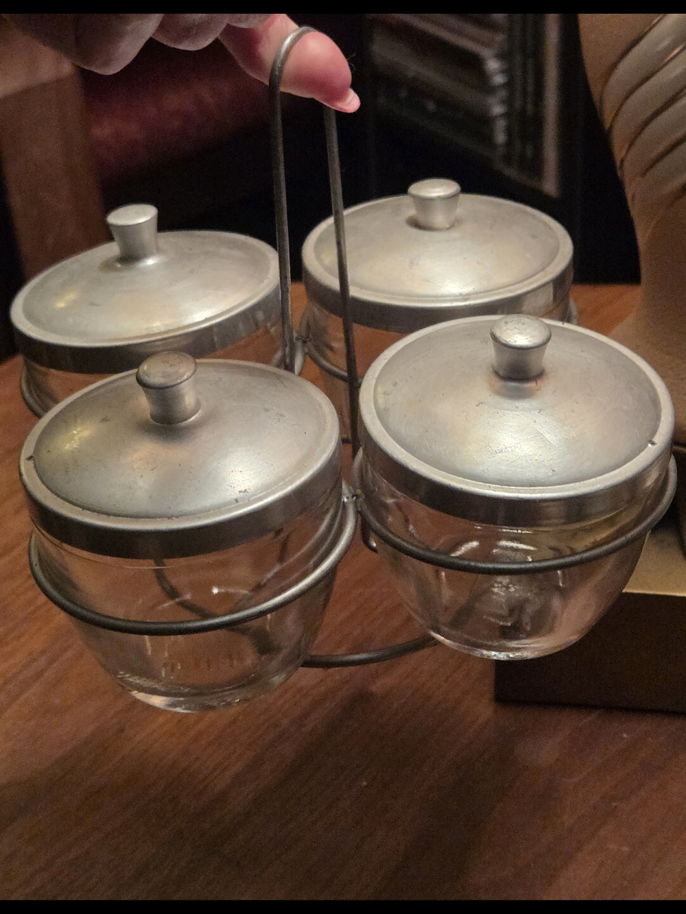 Vintage 1950s Glasbake Condiment/Spice Caddy, 4 Glasbake Jars w/Aluminum Lids